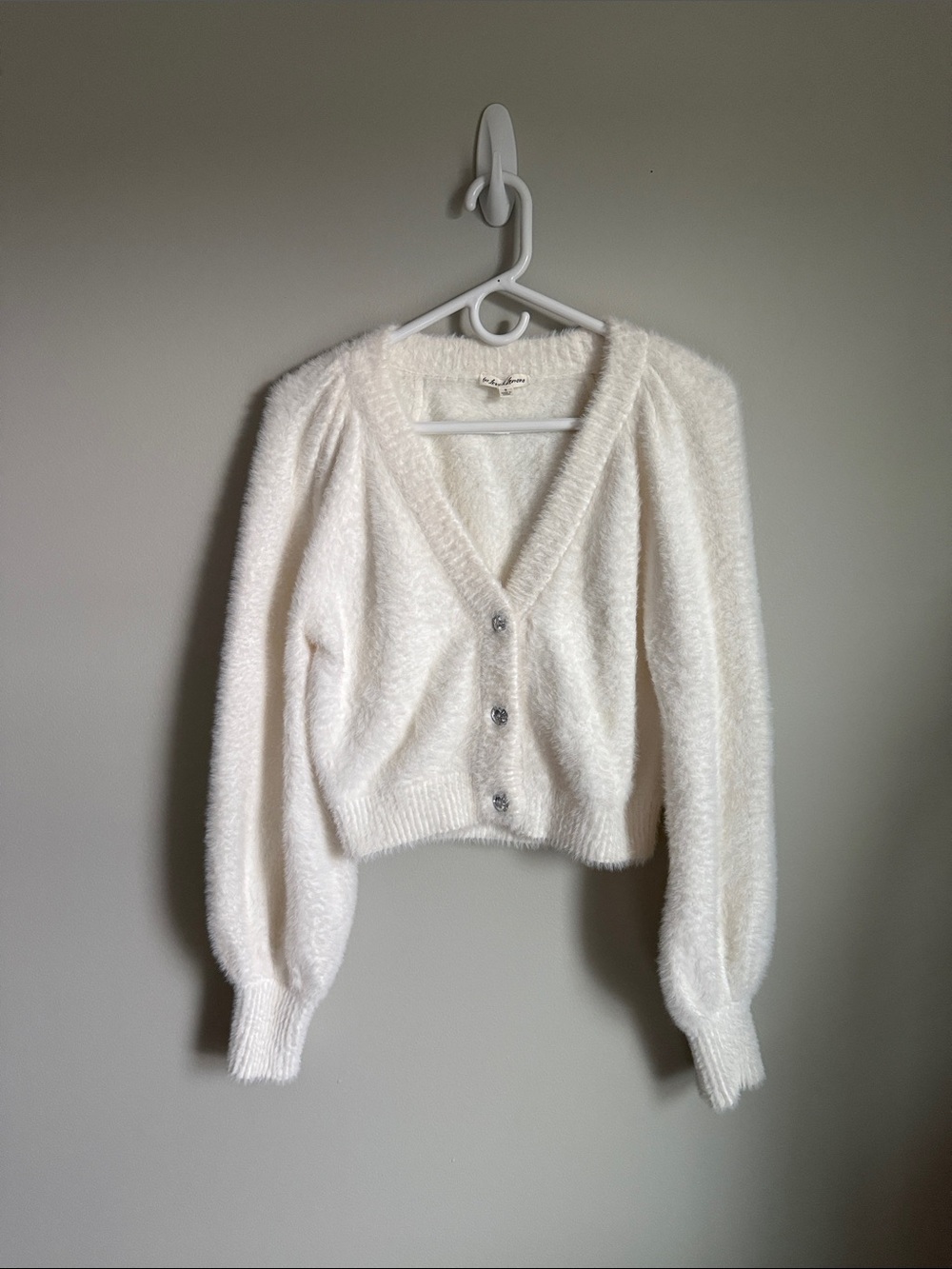 For Love & Lemons White Fuzzy V‑Neck Button Cardigan